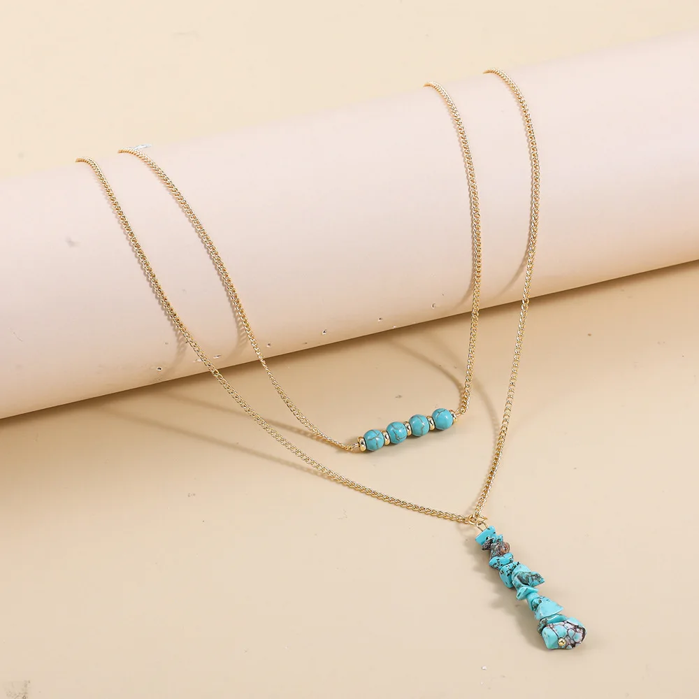 

U-Magical Elegant Double Layer Irregular Green Pendant Necklace for Women Beaded Tassel Gold Metal Chain Necklace Jewelry