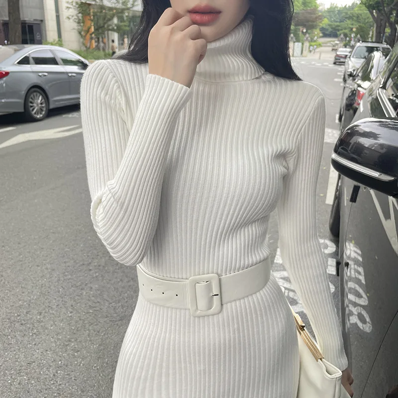 

2023 New Winter Knitted Dress with Belt Pink High Waist Basic Long Sleeve Sheath Bodycon Sexy Midi Sweater Dress Female Vintage