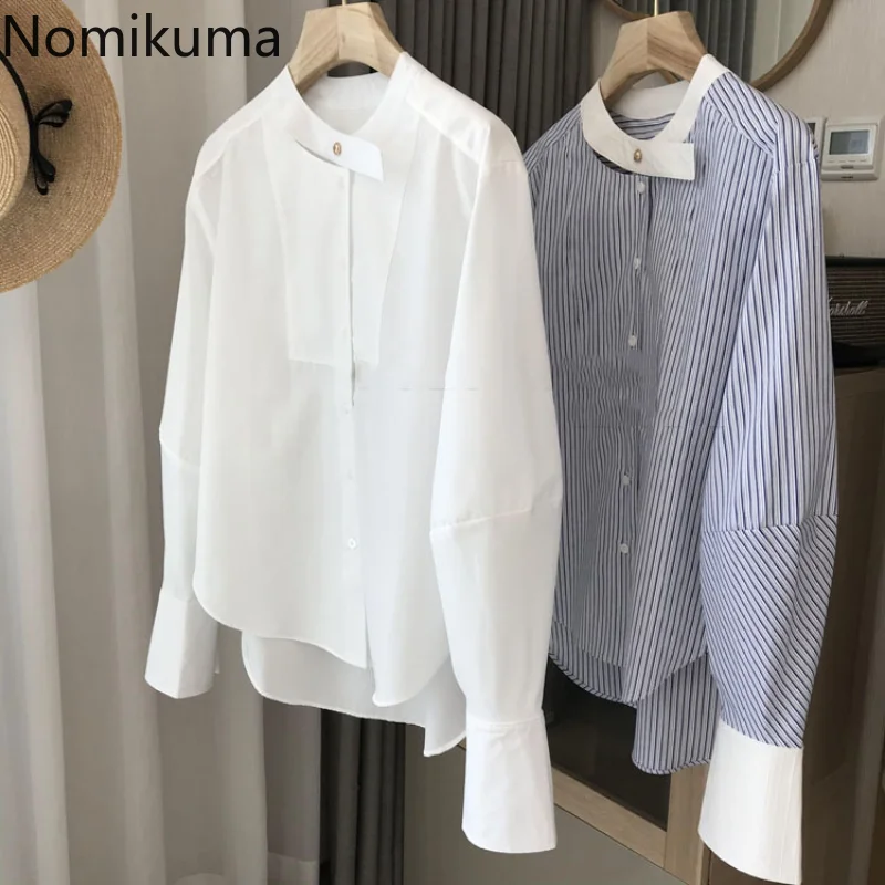 

Nomikuma Blusa Feminina Spring Autumn Lantern Sleeve Hollow Out Striped Loose Camisas De Mujer Elegant Fashion Shirts for Women