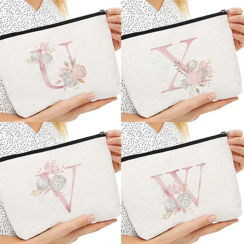 

26 Pink Alphabet Flower Print Makeup Bags Toiletries Storage Bags Travel Cosmetic Bag Women's Beauty Bag Clutch Wallet