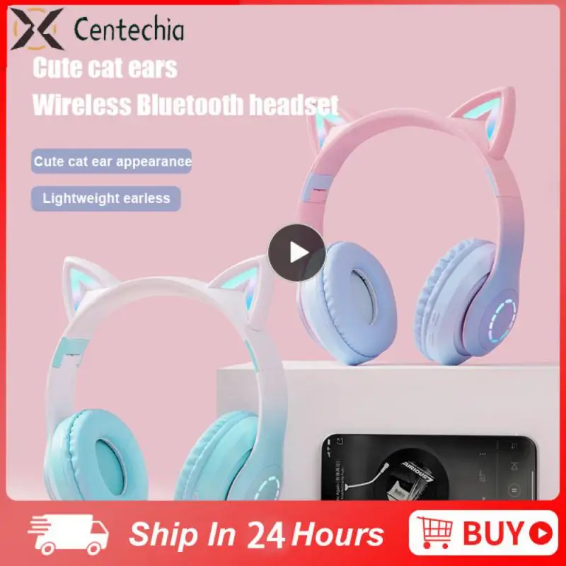 

Stereo Cat Ears Headset Gaming Wired Earphone With Mic Music Earbuds Tws Over Head Headphone Led Flash Light Foldable