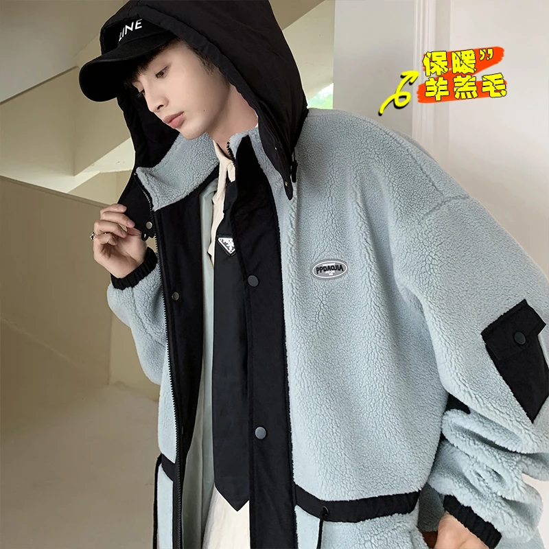Harajuku Style Patchwork Fleece Jacket for Men Winter Fashion Trends Streetwear Teenage Oversized Hooded Coats Windproof Clothes