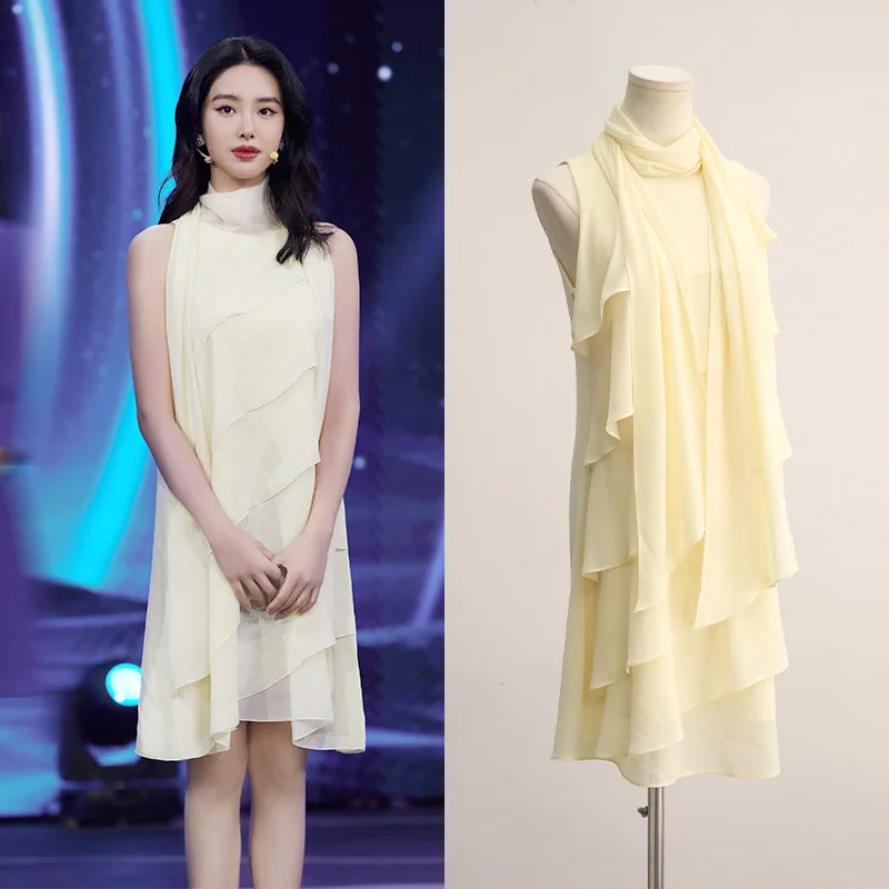 

[Stock] Yang Caiyu the same loose chiffon dress new design sense chic super fairy temperament cake dress female