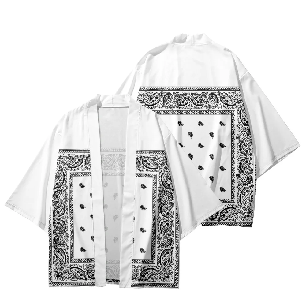 

Japanese Samurai Harajuku Loose White Print Kimono And Pant Set Women Men Cosplay Cardigan Yukata Tops
