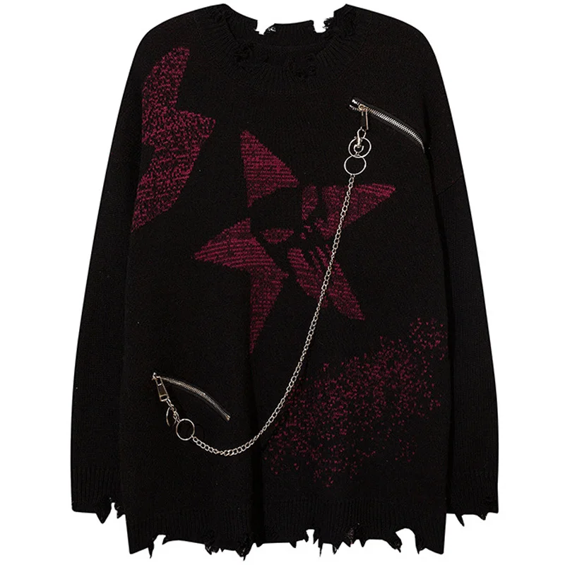 

Hip Hop Knitted Sweater Men Irregular Ripped Skeleton Zipper Chain Sweaters Women Vintage Loose Pullover Streetwear Spring Fall