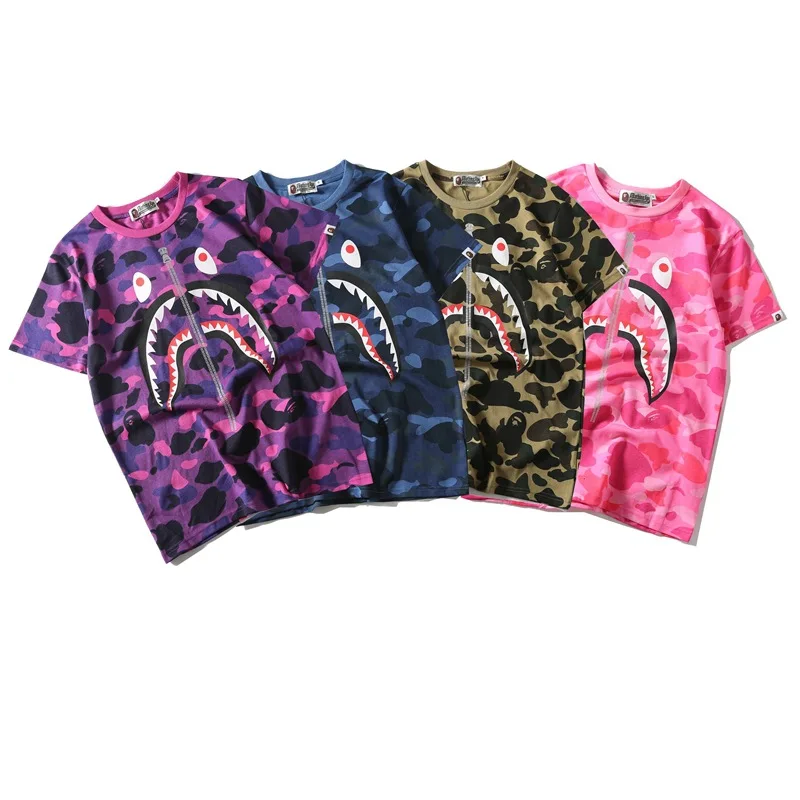 

Мужская и женская камуфляжная футболка Bape с коротким рукавом и принтом Головы Акулы