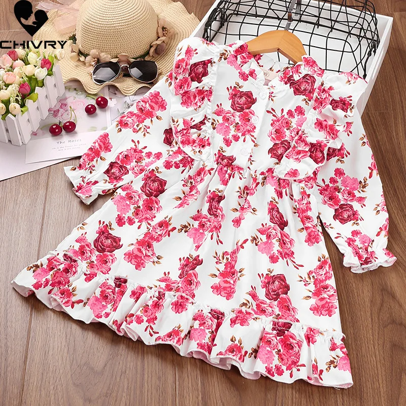 

Spring Autumn 2022 New Girls Dresses Kids Baby Girl Long Sleeve V-Neck Floral Print A-line Dress Fashion Flower Princess Dresses