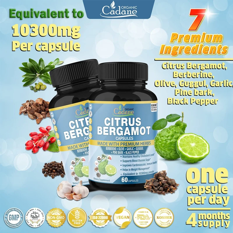 

Citrus Bergamot Extract Berberine, Olive, Guggul, Garlic,Improves Heart and Cardiovascular Health , Supports Immune System