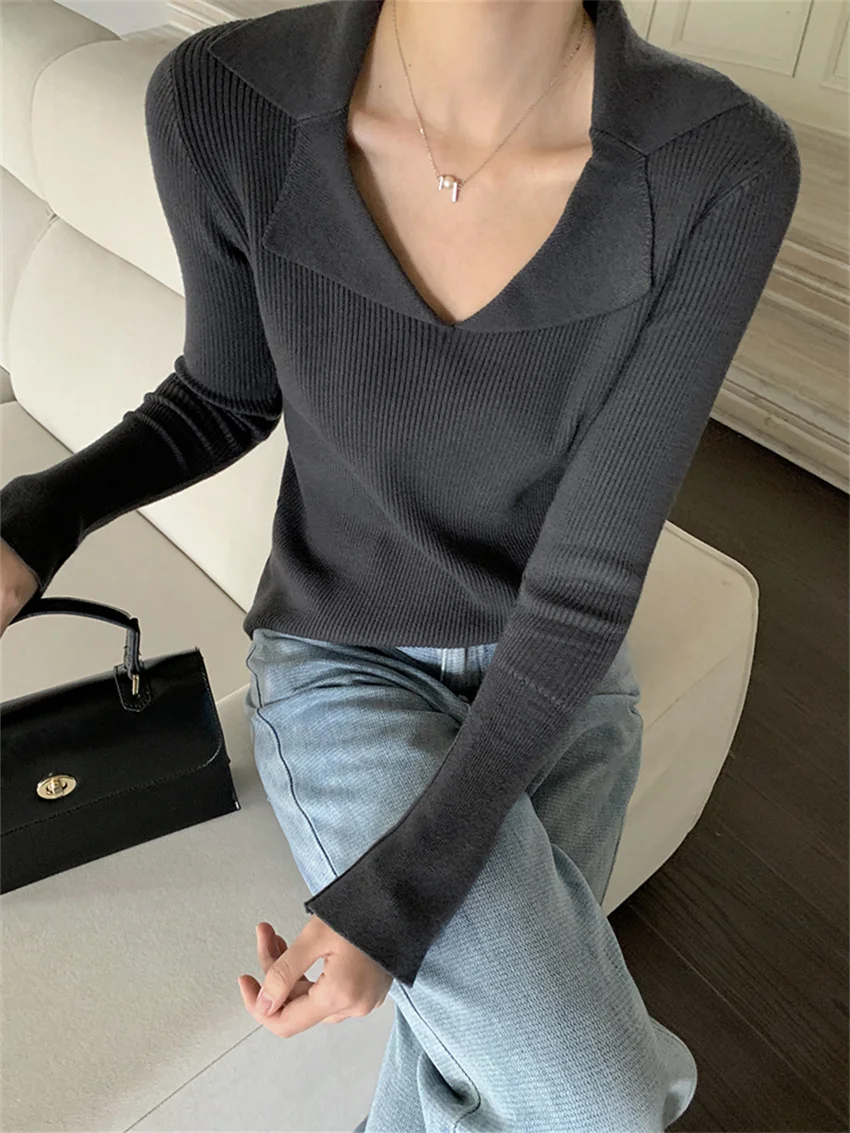 

Alien Kitty Solid Sweaters OL Women Chic Bottoming Elegant 2023 Autumn Knitted Pullovers Slim New High Street Gentle Loose