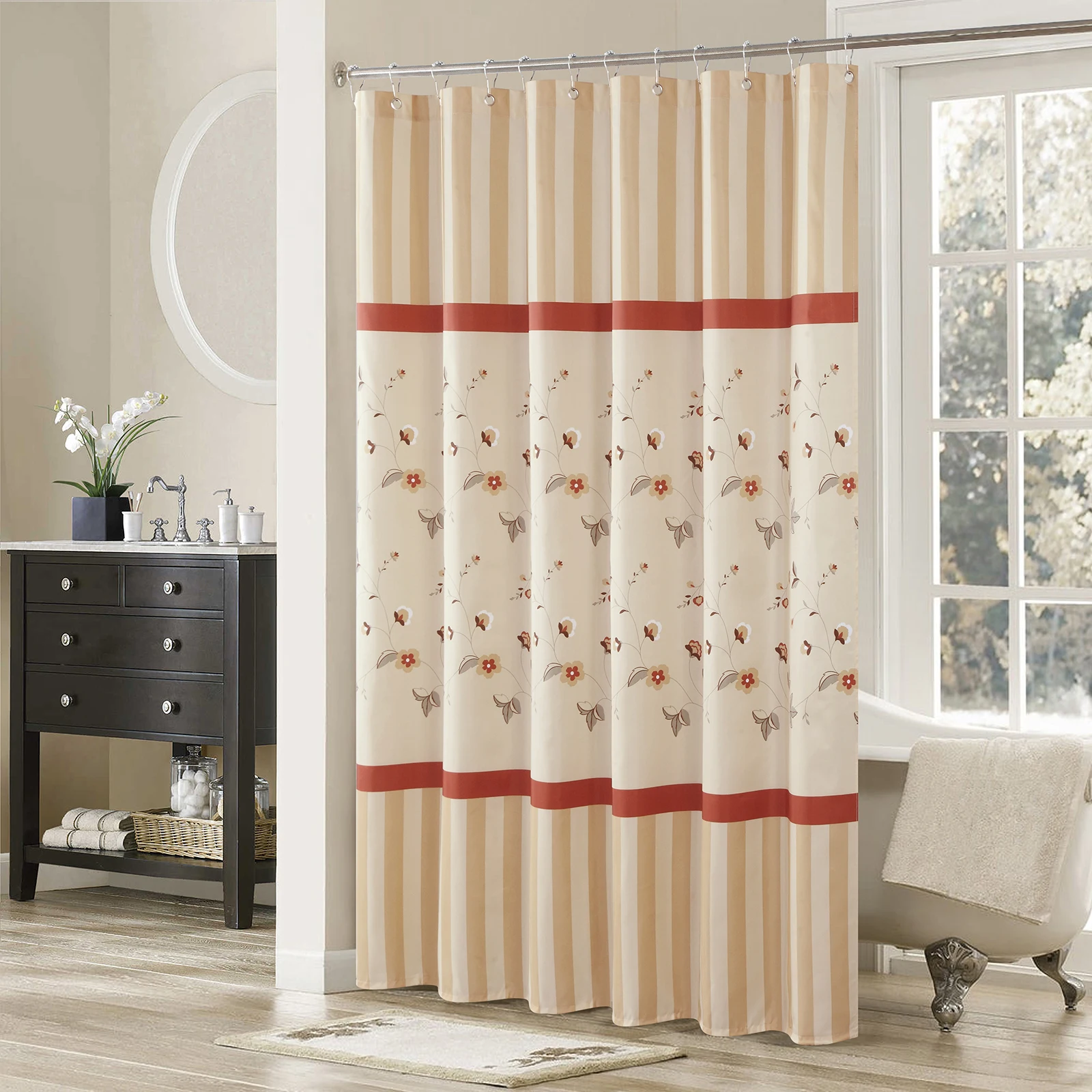 

Veronica Tan Farmhouse Gold Classic Polyester Waterproof Fabric Modern Yellow Printed Decorative Cream Shower Curtain