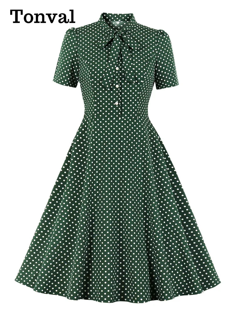 

Женское винтажное платье-рубашка Tonval, летнее зеленое платье-трапеция в горошек в стиле 50-х годов с бантом на воротнике и пуговицами спереди