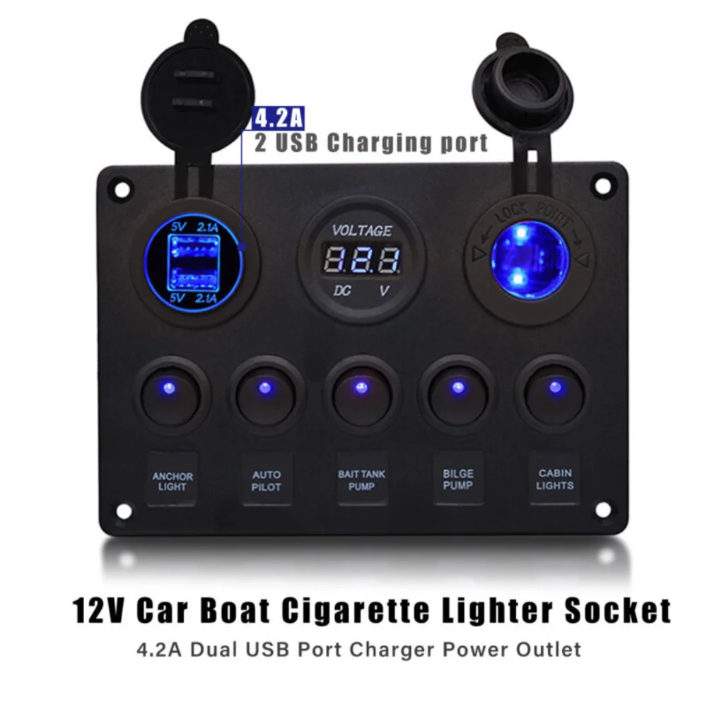 5 Gang Switch Panel For Car Boat Yacht Caravan Truck Waterproof Voltmeter Power Dual USB 4.2A Socket Panel LED Backlight 12-24V