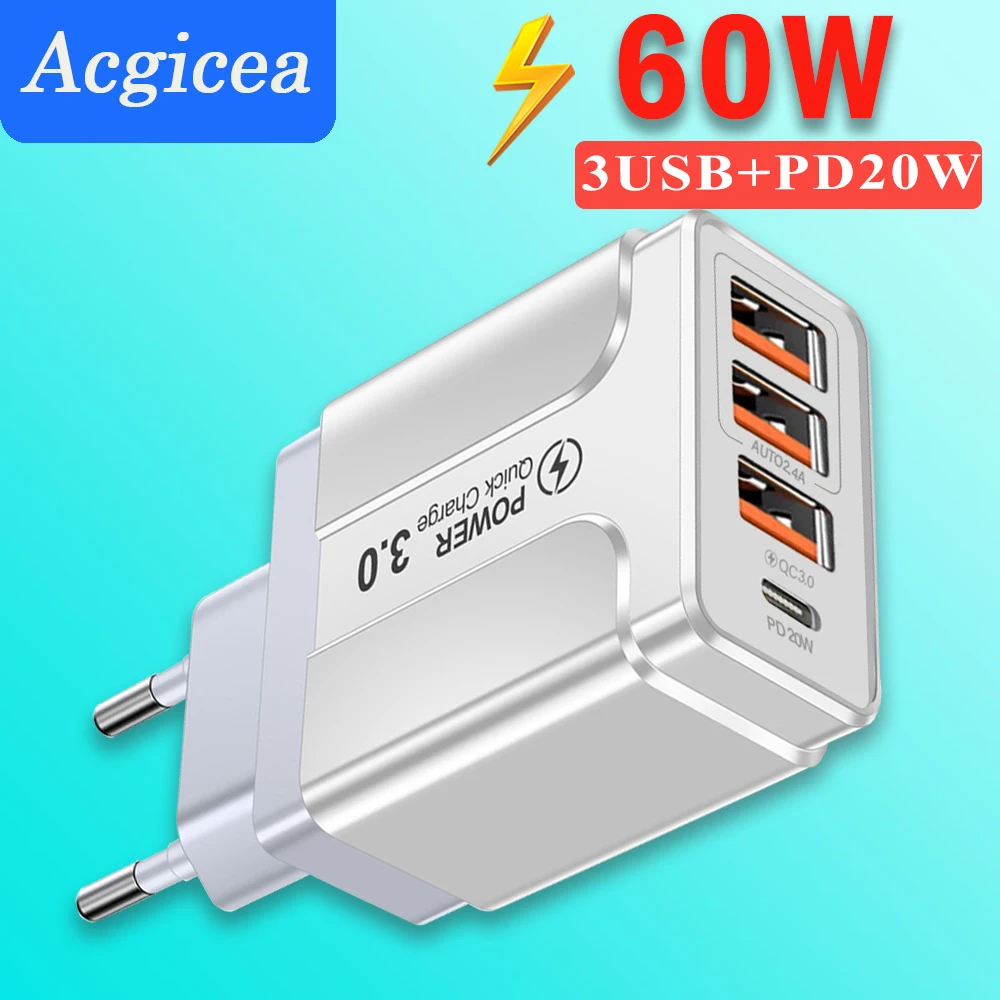 

60W Быстрое зарядное устройство C Model 4 Port PD USB Многопортовое зарядное устройство QC 3.0 Быстрое зарядное устройство для iPhone Xiaomi Huawei