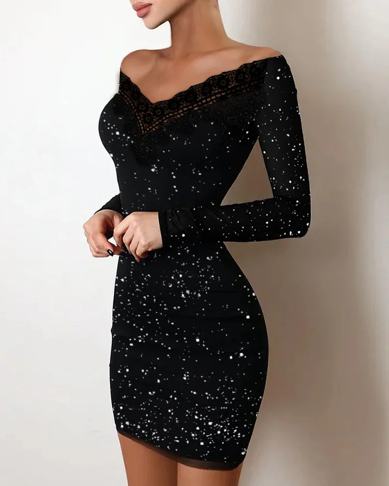 

2022 Fashion New Women's Lace Stitching Silver Bag Hip Dress Female Spring and Autumn Office Casual Party Elegant Dresses Black