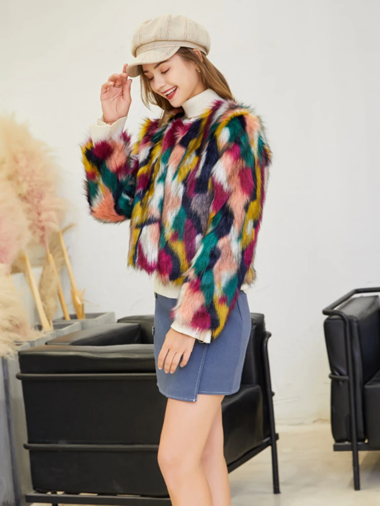 Fashion Faux Fur Colorful Fox Fur Coat Women 2022 Autumn Winter Casual Warm Short Plush Cardigan ladies High Street Outwear