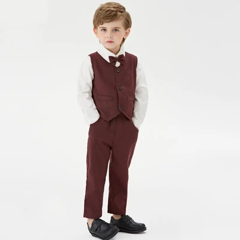 

Autumn Children Boys Suit 2022 Gentleman baby boy clothes Solid Color Vest+ Long Sleeve Shirt+pants 3pcs birthday kids clothing