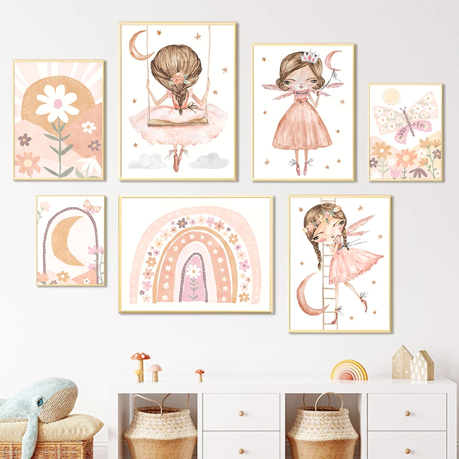 

Cartoon Girl Flower Butterfly Rainbow Moon Boho Wall Art Canvas Painting Nordic Posters And Prints Wall Pictures Kids Room Decor