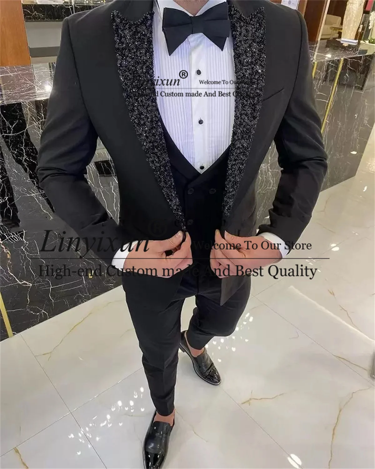 

Shiny Sequins Lapel Groom Wedding Tuxedos 3 Pieces Set Blacke Suits For Men Slim Fashion Prom Dinner Blazers Vest Pants Outfit