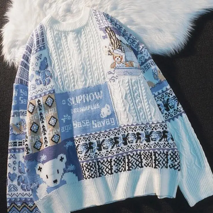 

Winter Polar Bear Sweater Christmas Gift Giving Pullovers Thick Warm Gengar Clothing Skiing Knit Oversized Sweater Unisex