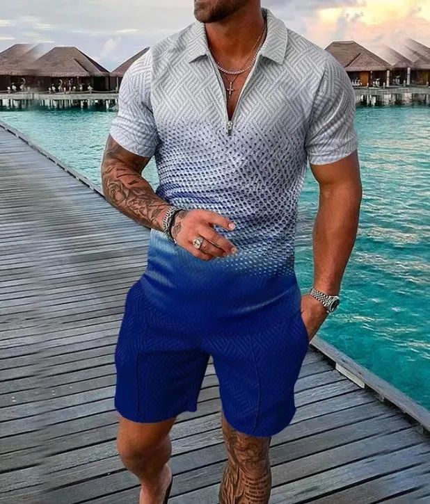 Summer Men Sports Suit Fashion Short-sleeved Polo Shirt Suit Lapel Zipper Clothing 2-piece Casual Suit Street Wear Oversized
