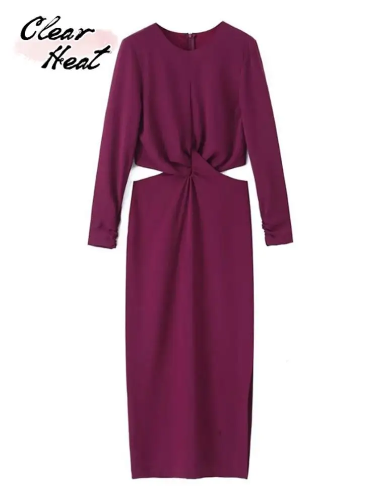 

Однотонное Платье-миди с вырезами для женщин, элегантное платье с круглым вырезом, длинным рукавом и открытой талией, Женская мода 2023, повседневное женское платье