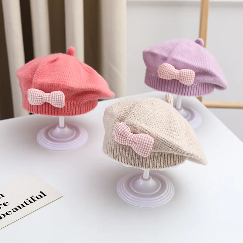 

Spring Knit Beret Hats for Girls Sweet Plaid Bow Berets Candy Color Baby Beanie Hat Cute Kids Items Photography Props 10 Colors