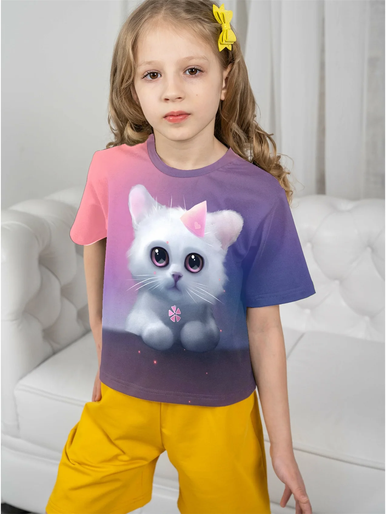 Повседневный футбольный трикотаж с 3D принтом кота для девочек 5-14 лет летний топ