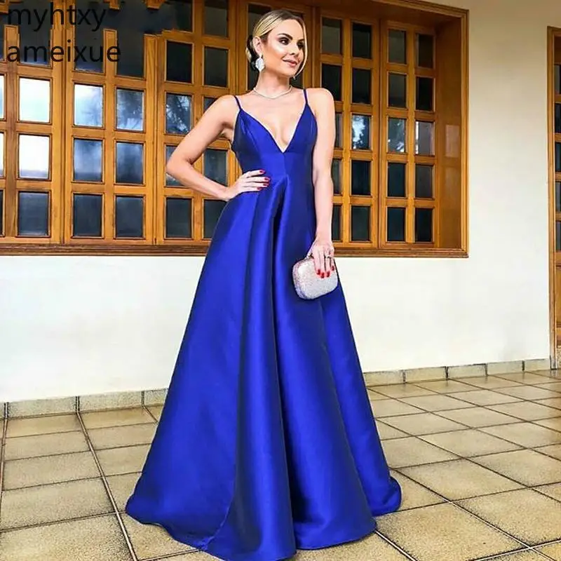

Sexy Royal Blue Long Plus Size Evening Dress 2023 Deep V-neck Backless Women Gala Gowns Satin Formal Party Robe De Soiree