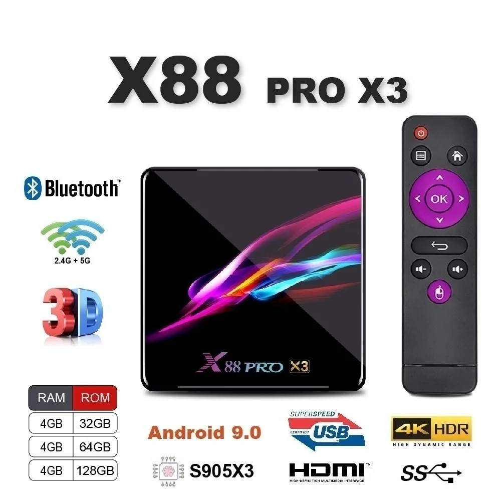 

X88 Pro X3 Smart TV BOX Android 9.0 4GB 32GB/64GB/128GB 8K Amlogic S905X3 Dual Wifi 1080 8K Support Google Player Youtu IP TV