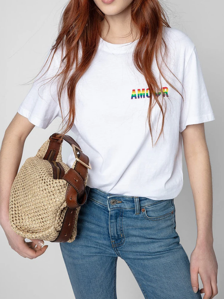 

Women T-shirt 2022 Summer New French Style Round Neck Rainbow Color Letter Print Back Banner Print Women Short Sleeve T-Shirt