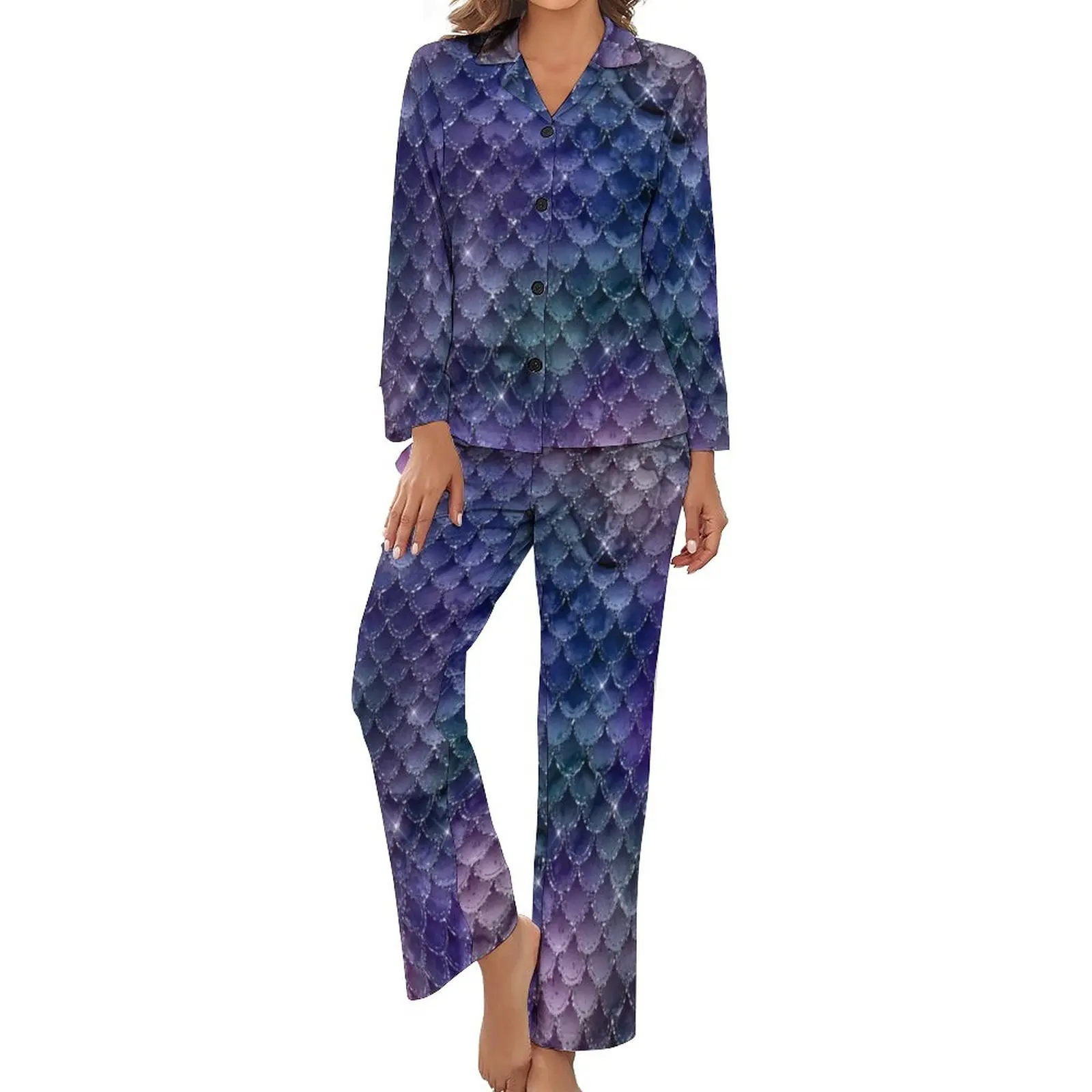 

Glitter Mermaid Scales Pajamas Long Sleeve Violet Indigo Print 2 Piece Leisure Pajama Set Female V Neck Kawaii Home Suit