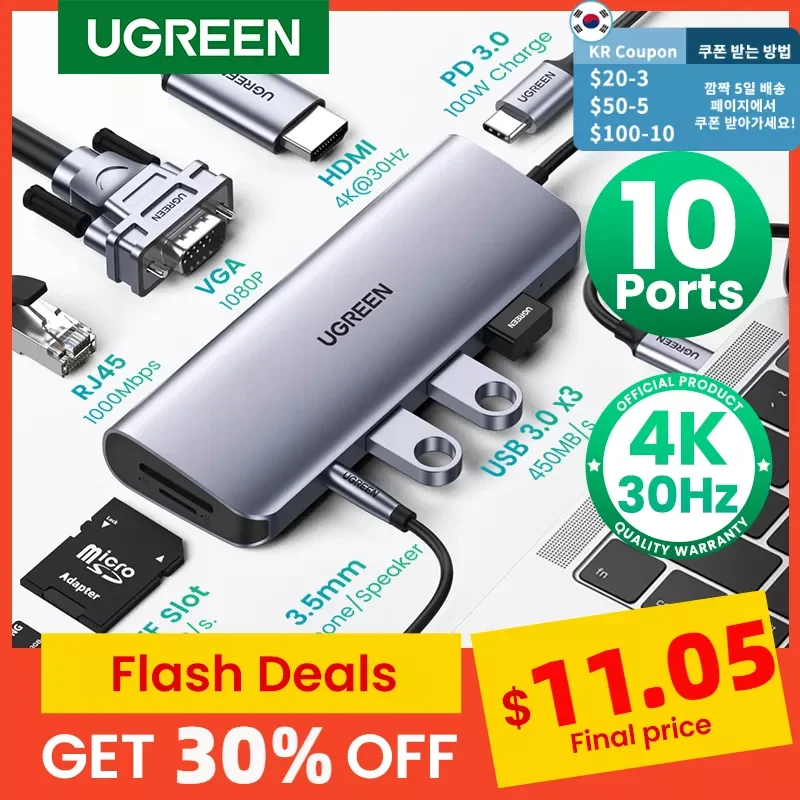 

USB-разветвитель UGREEN, HDMI-адаптер, 4K, USB C-USB 3,0, 100 Вт