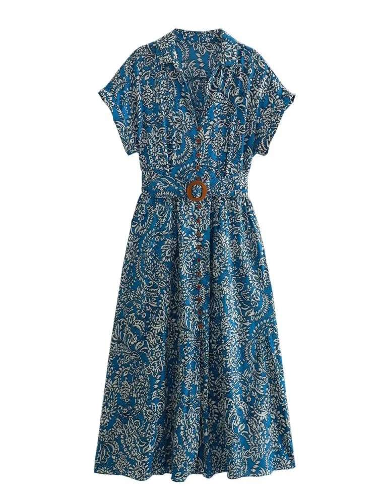 

Summer Women Vintage Printed With Belt Midi Casual Shirt Dresses