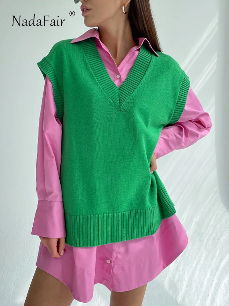 

Nadafair V Neck Green Sleeveless Y2K Oversized 2022 Autumn Winter Knitted Sweater Pullover Loose Casual Vest Women Tops Street