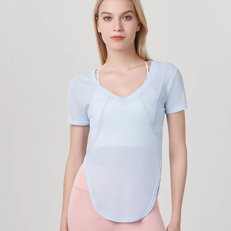 

Новинка летняя спортивная футболка с коротким рукавом женский свободный дышащий костюм для йоги накидка для фитнеса тренировок бега Быстросохнущий Топ