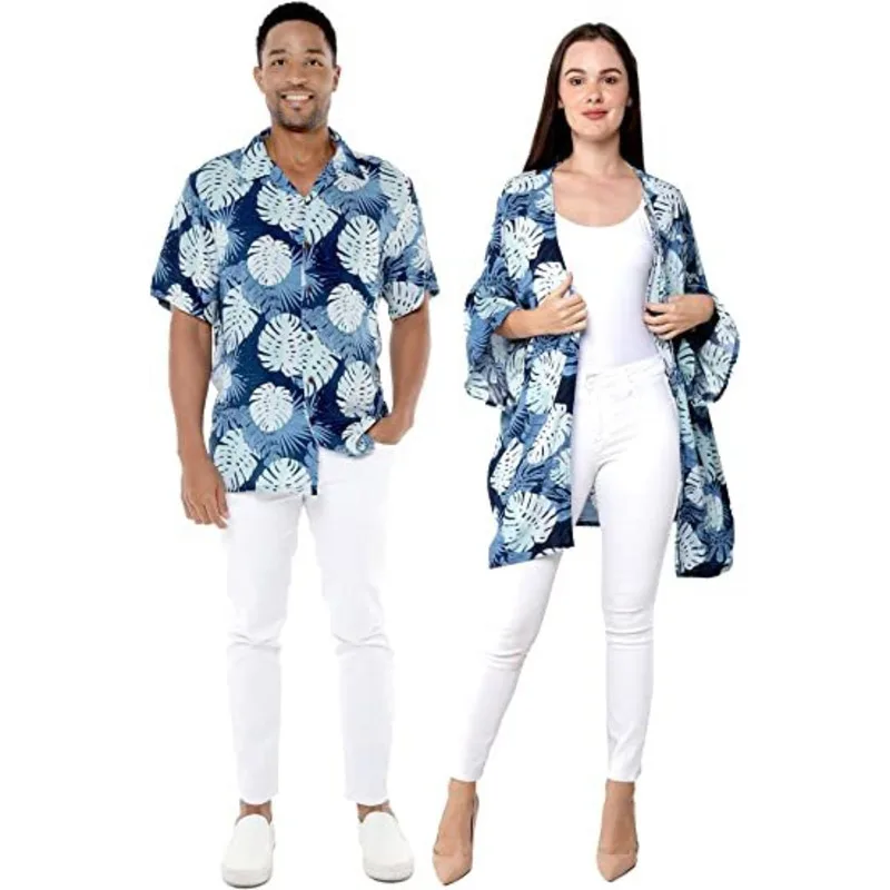 

Summer New Couple Outfit Hawaii Beach Vacation Party Tropical Leaves Floral Palm Leaf Blue Print Shirt Or Loose Kimono
