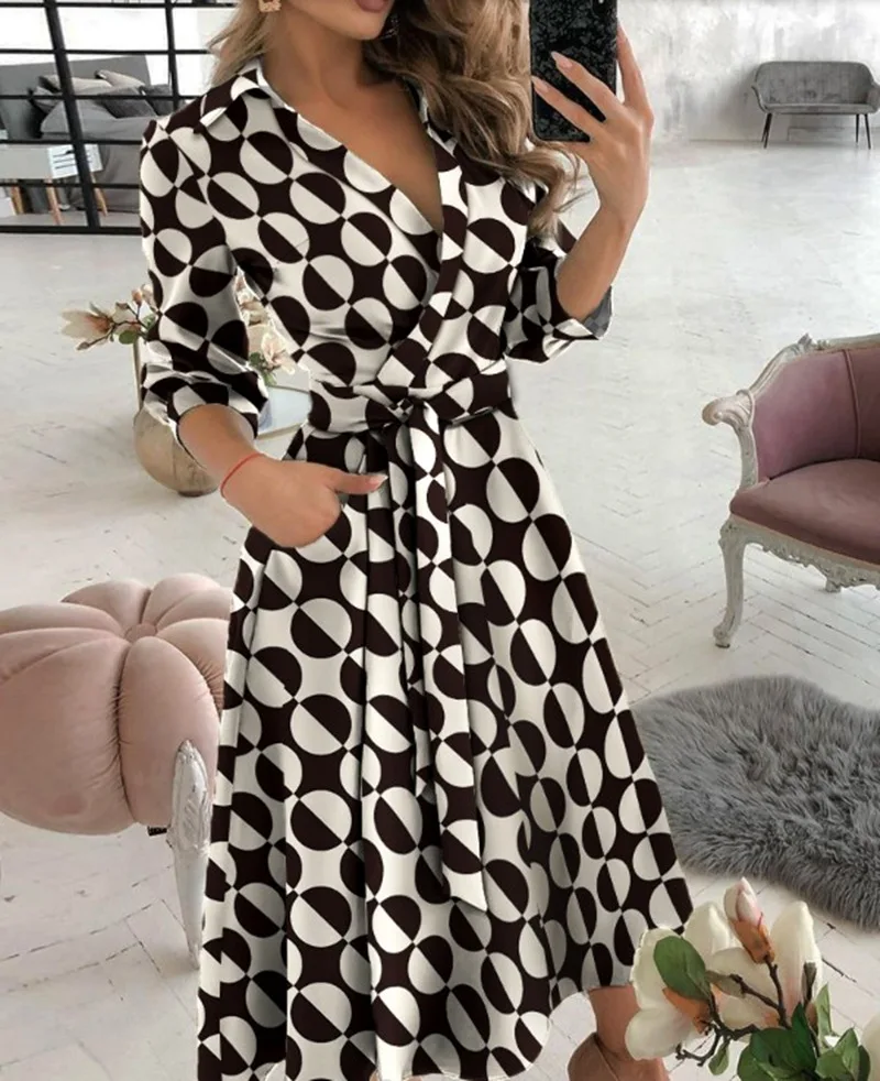 

Spring Summer Women Dress Solid Print V Neck Turn-down Collar Office Lady Dress Women A-Line Casual Lace Up Dresses Party