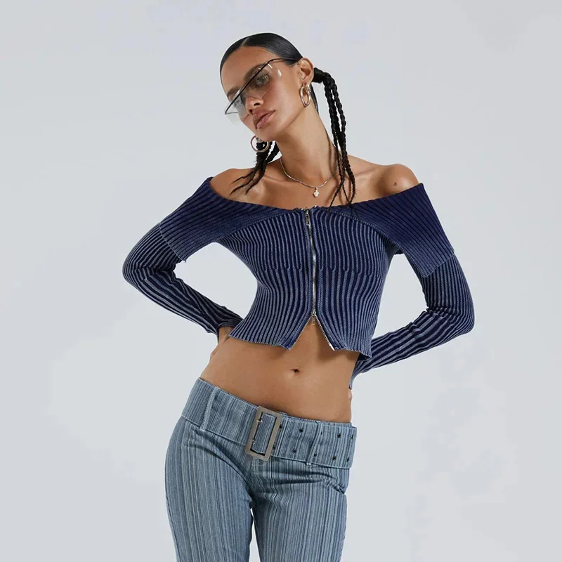 

Vintage Design Korean Autumn Women Solid Zipper Christmas Sweater Slash Neck Cozy Cardigans Knit Flare Sleeve 2000s Aesthetic