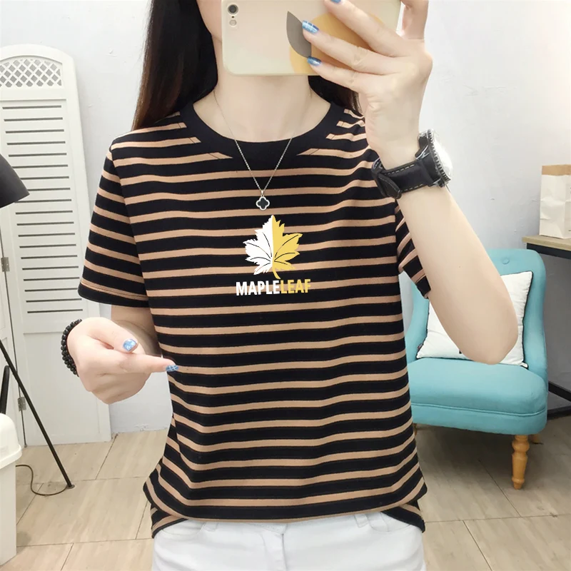 Pure Cotton Stripe Short sleeve T-shirt Women 2024 Summer New Western Sle Fashionable Print Plus size Wide Loose Shoulder F...