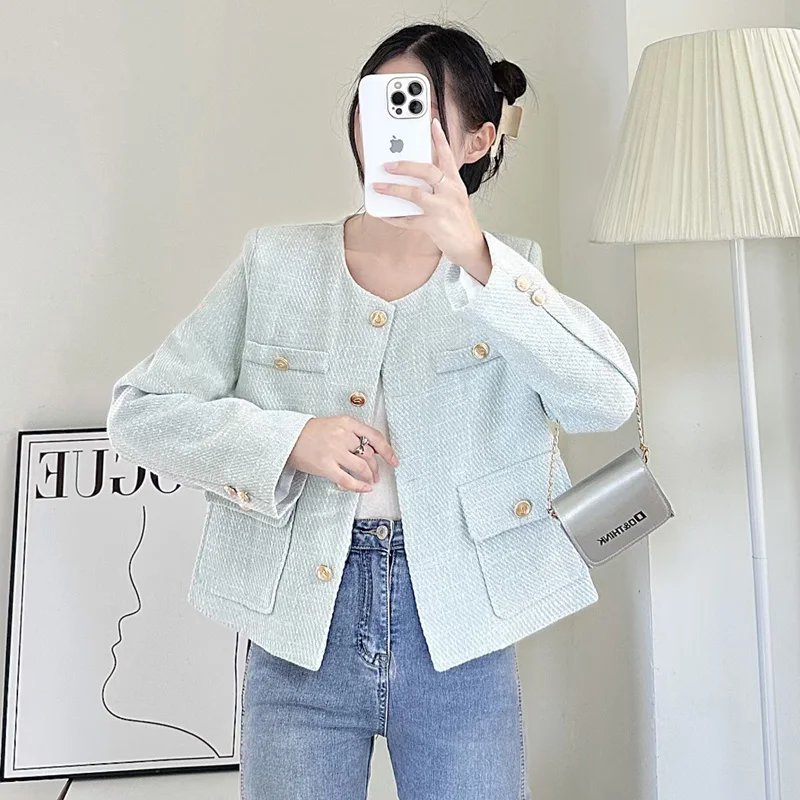 

2023 New Autumn Small Fragrance Tweed Jacket Female Coat Long Sleeve Korean Elegant Fashion Office OL Casual Woolen Outwear