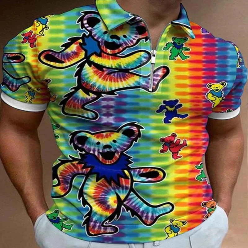 

Colorful Bear 3D Print Polo Zipper Short Sleeve Shirt for Men