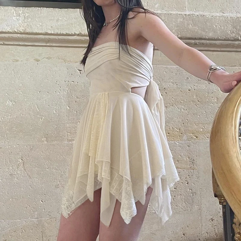 

Y2K Vintage Lace Trim Strapless Mini Dress Kawaii Girl Summer Off Shoulder Backless Bandage Pleated Dress Women Sexy Party