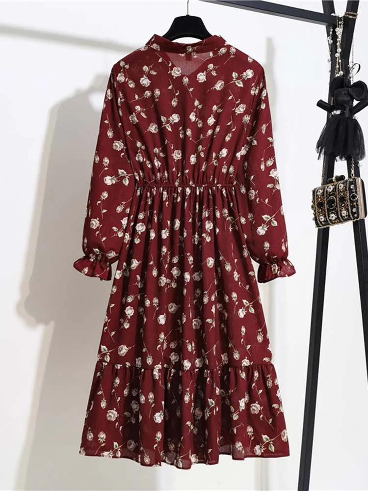 2022 Floral Print Women Dress Female Autumn Long Sleeve Vintage Chiffon Bow Tie Neck Office Lady Shirt Dress Summer Vestidos
