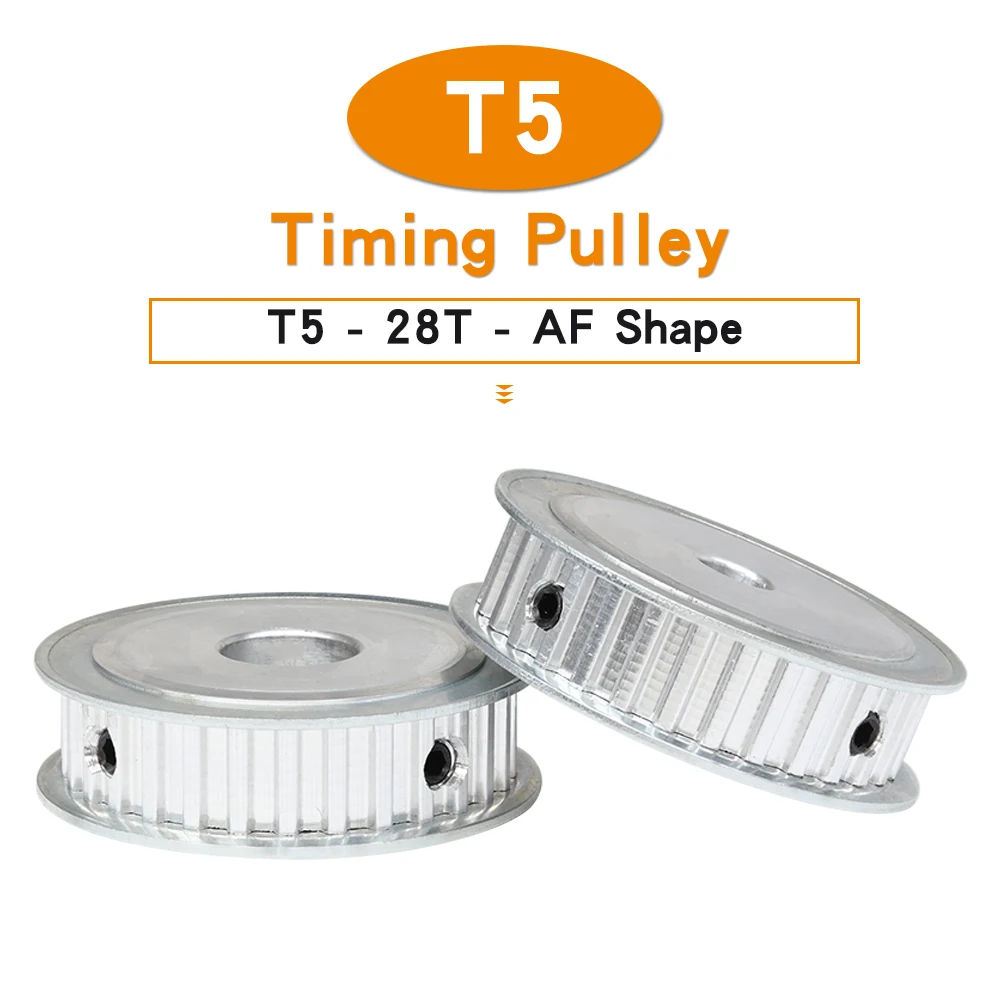 

Pulley Wheel T5-28T Bore Size 6/8/10/12/14/15 mm Alloy Pulley AF Shape Teeth Pitch 5mm Match With T5 Width 10/15 mm Rubber Belt
