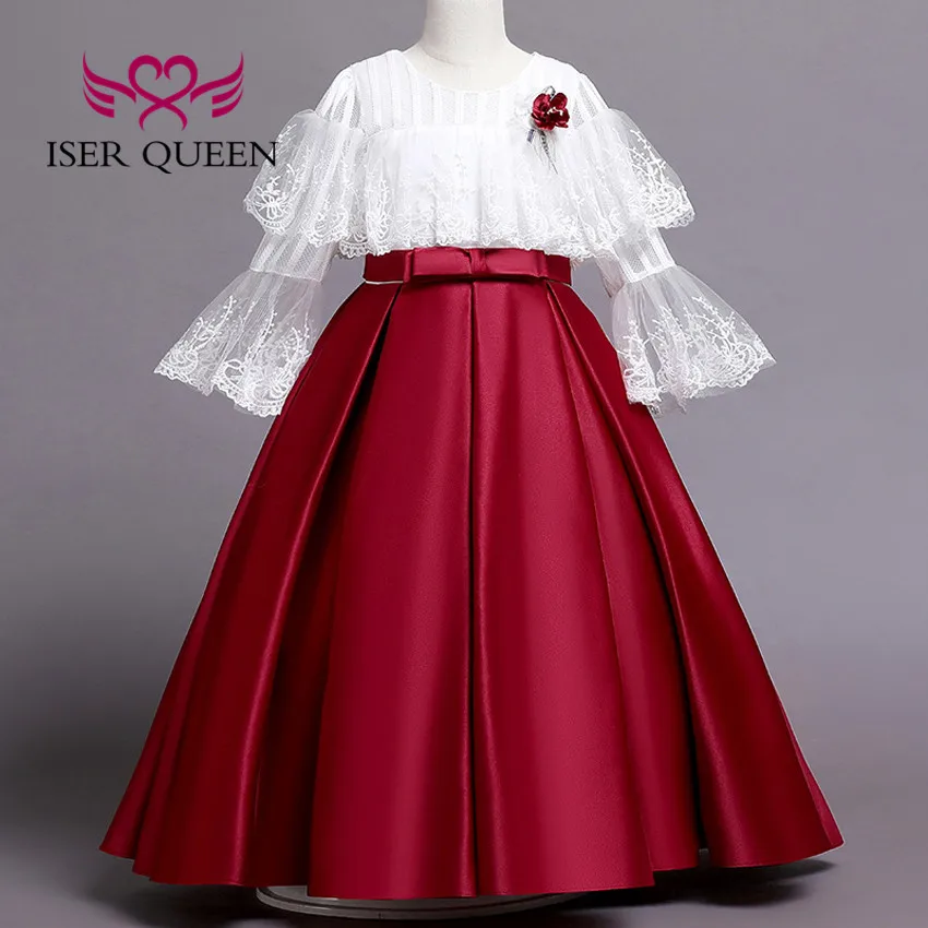 

Длинное кружевное платье с расклешенными рукавами, с цветочным принтом, для девочек, новинка 2023, атласная юбка с бантом, трапециевидного силуэта, качественные детские официальные платья FG8016