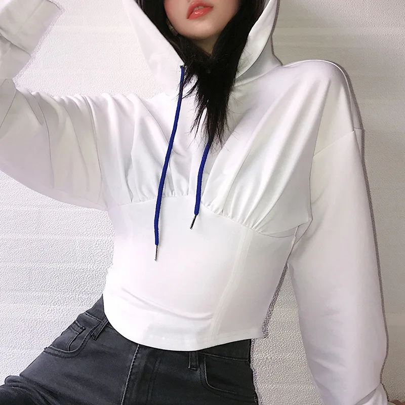 

2023 Fall Woman's Lace-up White Hoodies Drawstring Casual Pullover Solid Streetwear Women Long Sleeve Slinky Hoodie Tops New