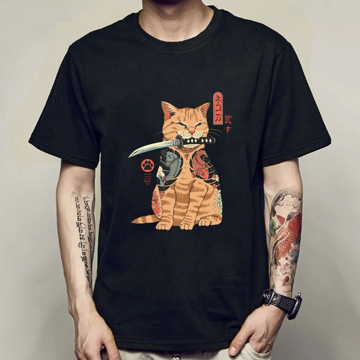 

New Classic Funny 3D Effect Cartoon Cat Eating Noodles Fish Print Casual Sportswear Men Girls Short Sleeve Sportswear