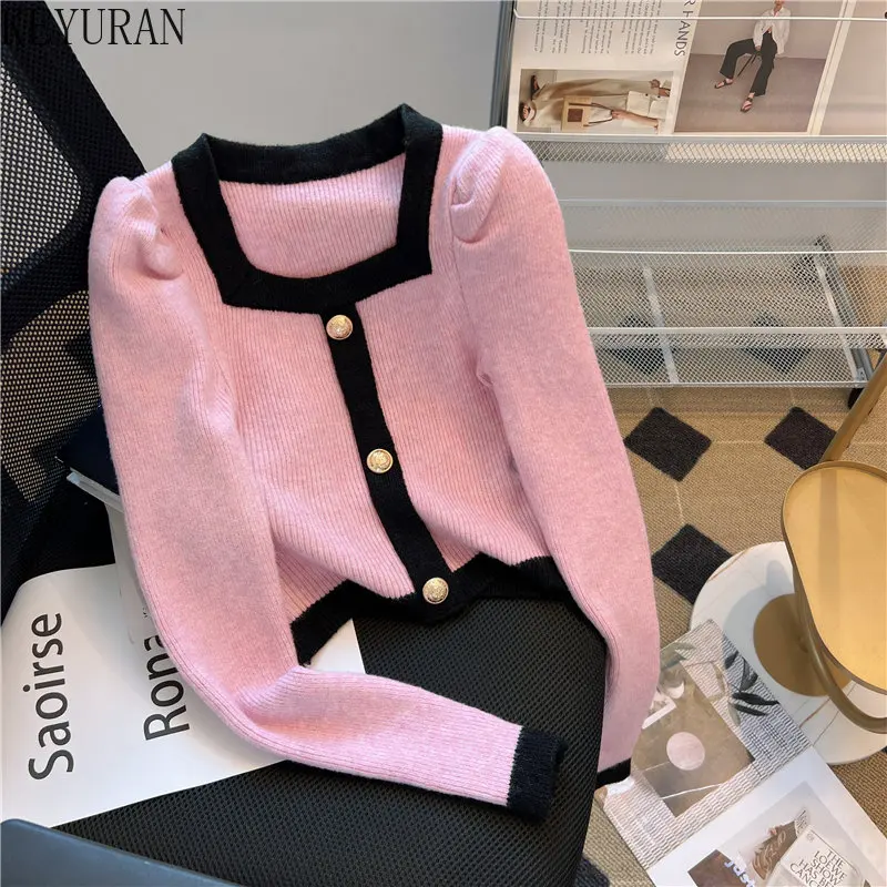 

Pink Square Neck Pullove Sweater Women Korean Fashion Ruff Long Sleeve Bottoming Shirt Knitwear Crop Top Sueter Mujer Jumper