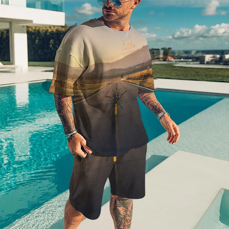 Summer Men Sunset Landscape Print  Short-Sleeve  Fitnes Cools Homewear T-Shirt + Shorts 2 Pieces Set  Male Tracksuits Oversized