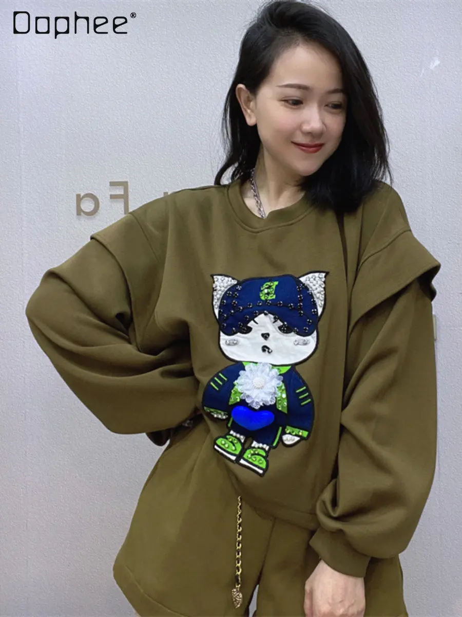 

Spring Autumn Short Round Neck Loose Sweatshirt Women's Heavy Industry Rhinestone Space Cotton Stitching Sleeves Cartoon Hoodies